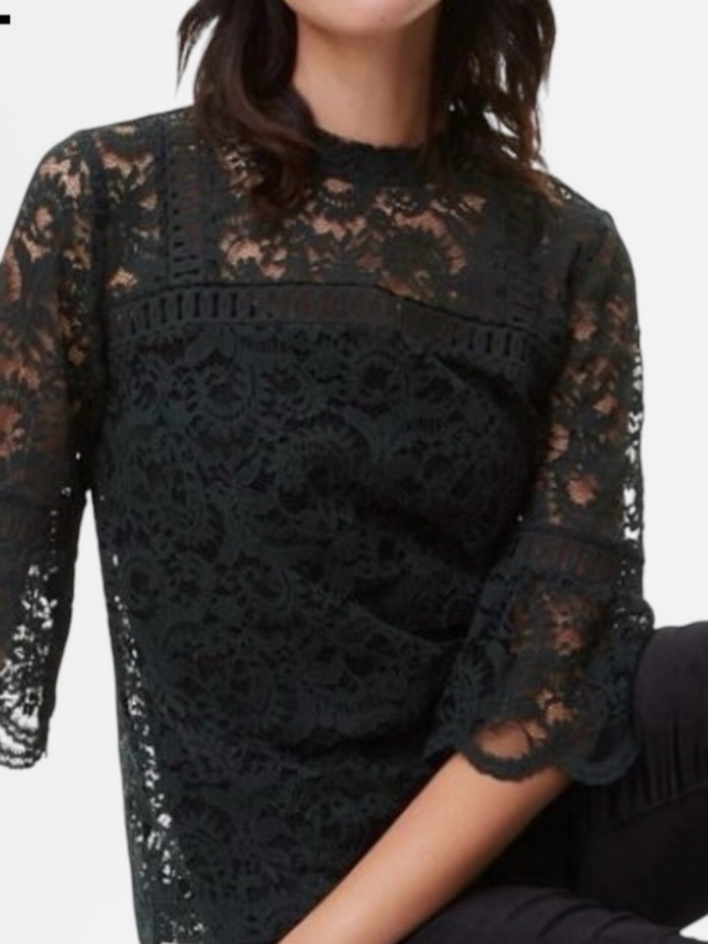Loft Sheer Lace Dark Green Lace Blouse 3/4 Sleeves Size Large EUC